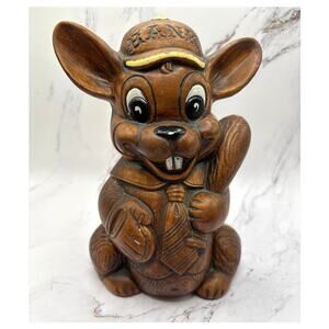 Vintage 1961 Treasure Craft Baseball Bunny Woodtone Ceramic Coin Bank MCM Decor